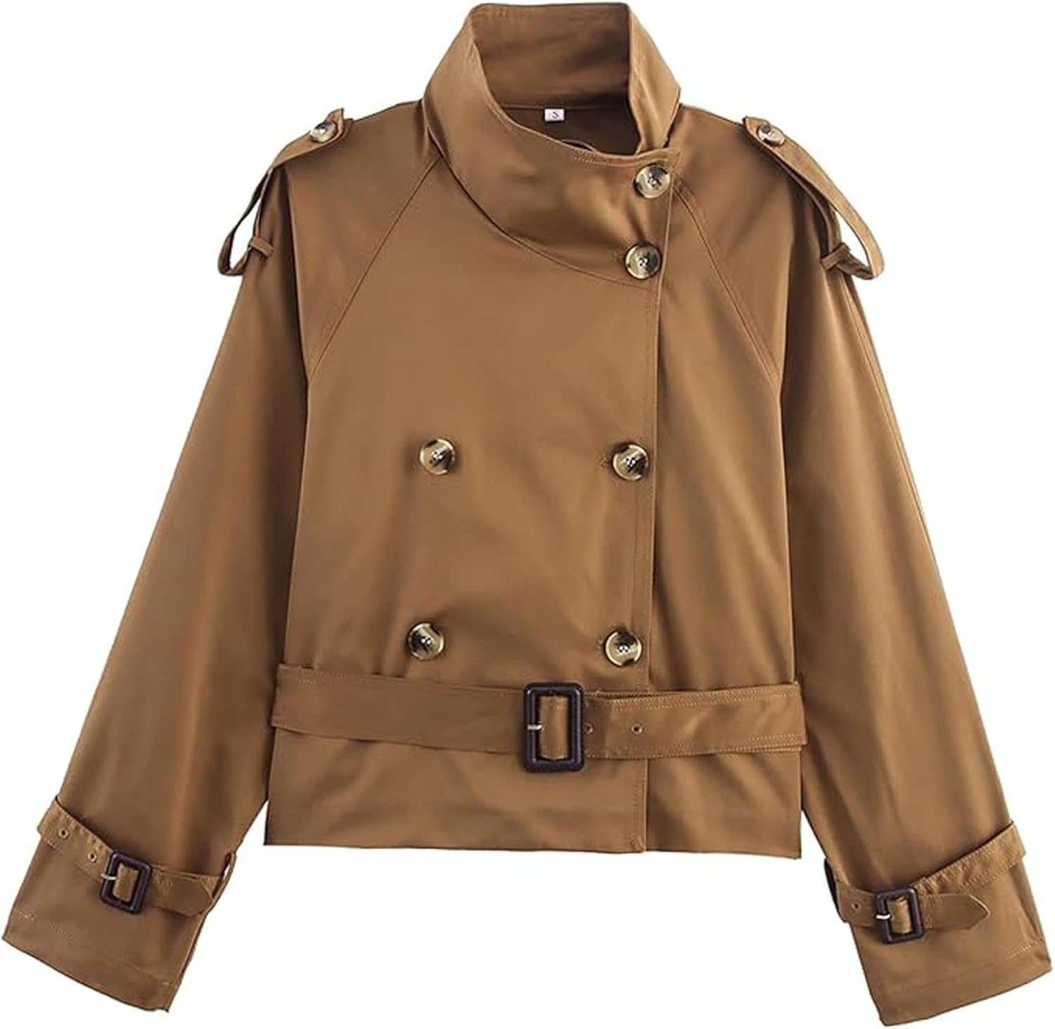 Women's Cropped Trench Coat Casual High Collar Double Breasted Short Jacket Outerwear with Belt