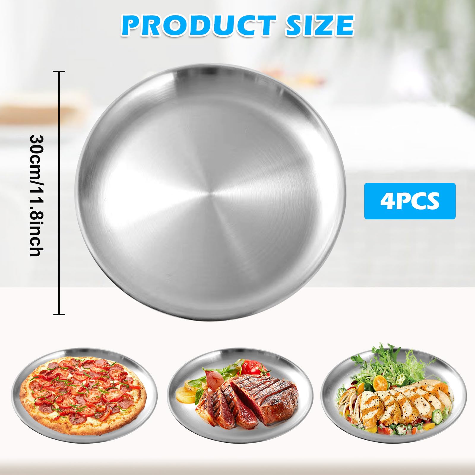 BORDEAG Piatti da Campeggio in Acciaio Inox 30 cm, 4 Set di Piatti in Acciaio Inossidabile Inox, Piatti Rotonde in Acciaio Inox, Stoviglie da Picnic e Campeggio, per Picnic, Campeggio, BBQ