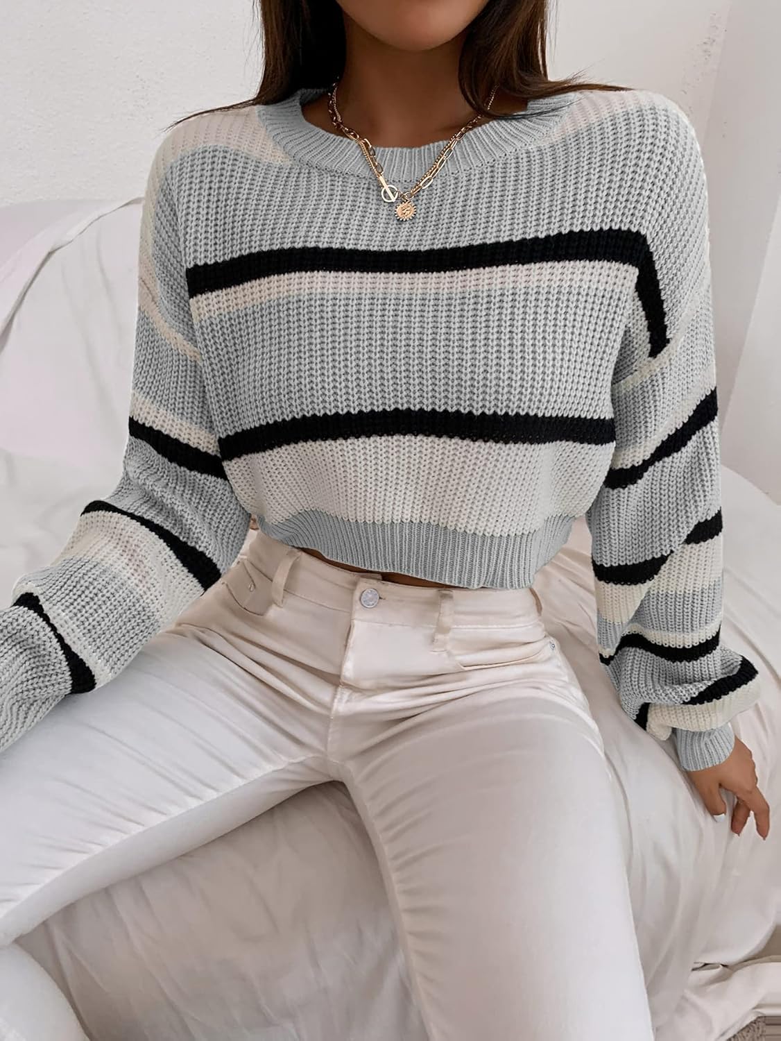 ZAFUL Women's Color Block Striped Sweater Crew Neck Lantern Sleeve Cropped Sweaters Casual Loose Knitted Tops - Image 5