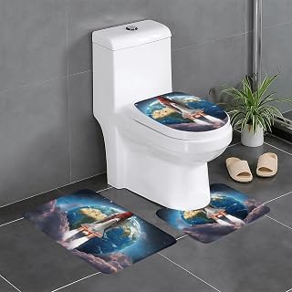 Space Shuttle Launch in The Space Flannel Bath Mat Set 3-Piece - Bathroom Rug, Toilet Seat Cover & Tub Mat | Cloud-Like Softness