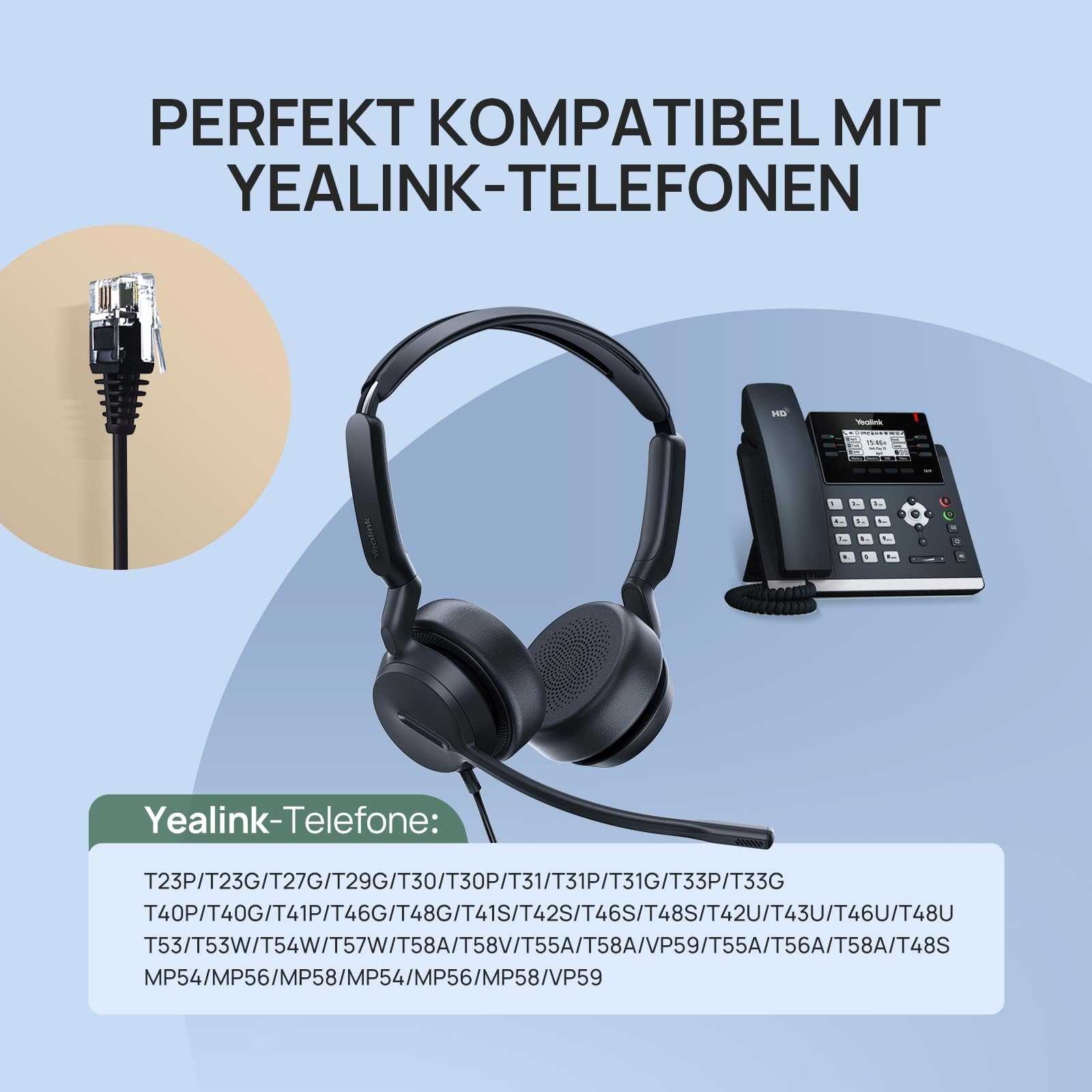 Yealink YHS36 E2 Casque téléphonique Filaire avec Microphone et connecteurs RJ9 et QD Compatible avec Les téléphones Poly, Avaya, Snom et Grandstream Convient aux téléphones de Bureau
