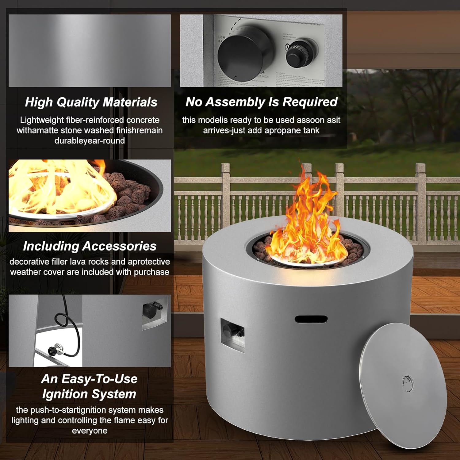 32" Smokeless Propane Fire Pit Table w/Lid, Alloy Steel Round Outdoor Patio Firepit Table 50,000 BTUs, Lava Rocks, Weatherproof Cover, CSA Safety Certified, for Wooden Deck, Backyard and Pool