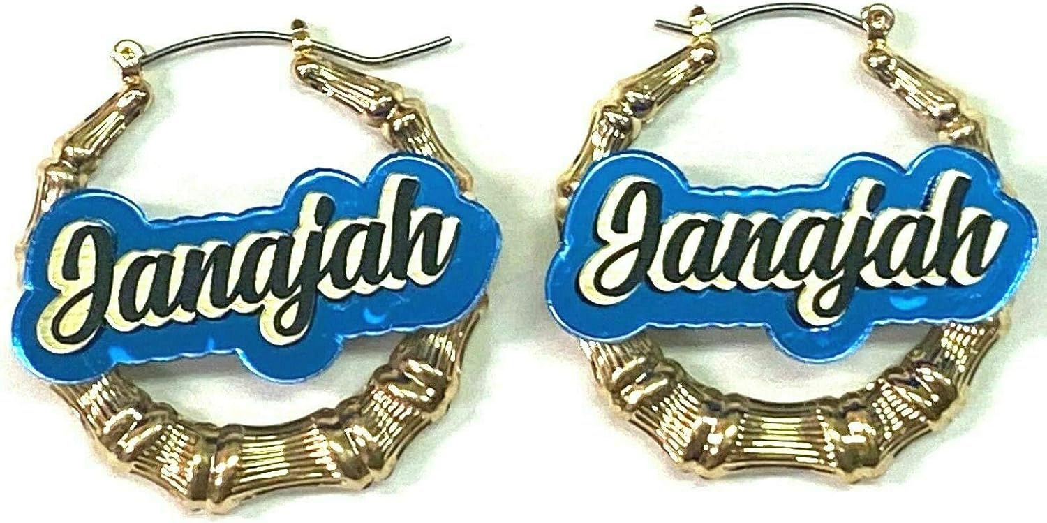 Bamboo Hoop Earrings Personalized Custom Gold 1.5, 2.5, 3.5" Size and Color Choice Name Plate Laser Cut Made To Order - Any Name Script Cursive Letters Stunning, Quality, Attractive