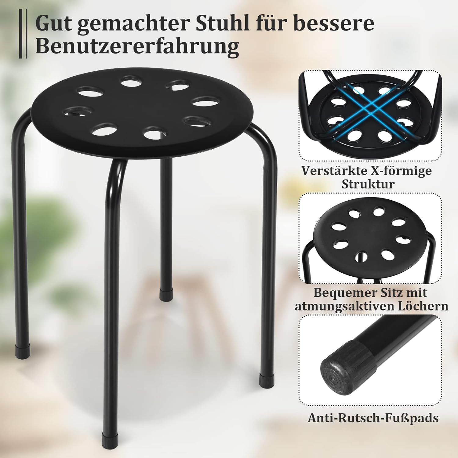 FANTASK 6er Set Stapelhocker 44,5 cm hoch, Bunt Büro Esszimmerhocker stapelbare Metallhocker, Hocker für Zuhause