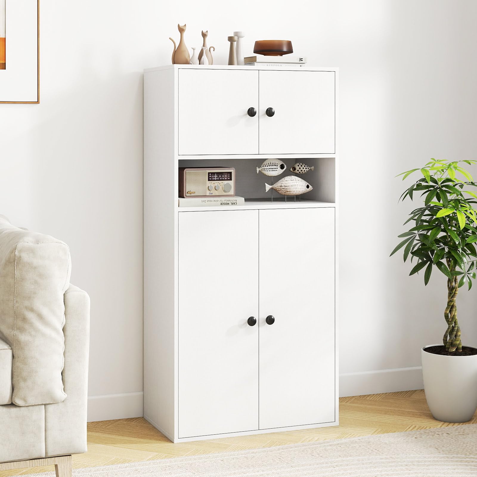 KOMFOTTEU Libreria Verticale a 3 Ripiani, Libreria Chiusa con Ante e Ripiano Aperto, Mobile Soggiorno con Ripiano Regolabile a 5 Livelli, per Studio, Camera da Letto, Bagno, 54 x 30 x 111 cm (Bianco)