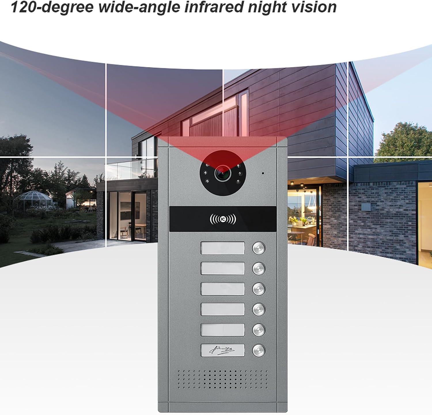 Outdoor doorbell camera with a 120-degree wide-angle view, showing its coverage over a building at night