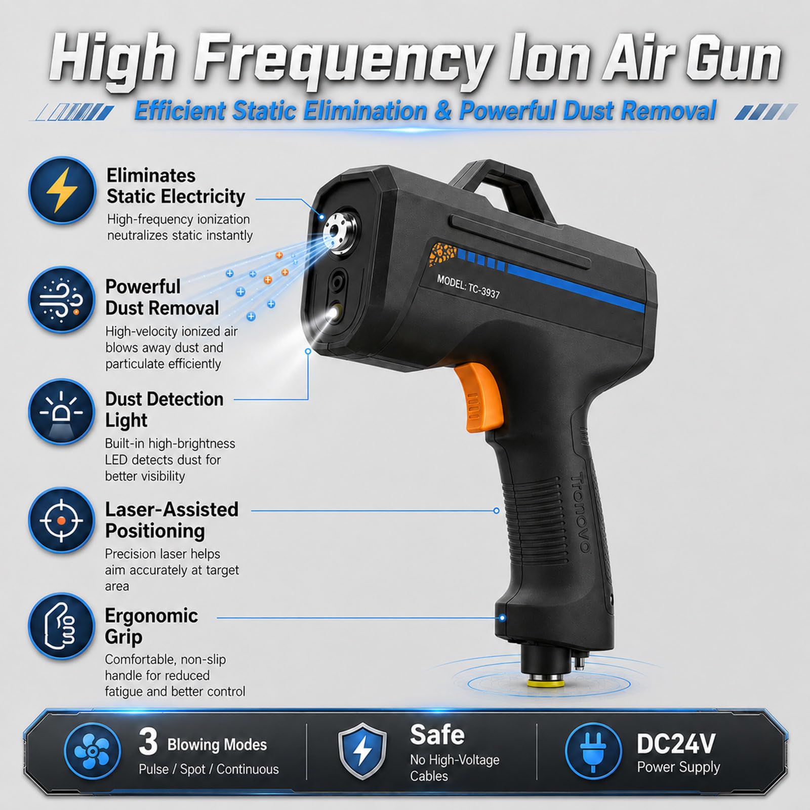 Ionizing Air Gun Anti Static Tool for Electronics Auto Parts z regulowanym przepływem i diodą LED Dust Light Igła ze stali nierdzewnej 24V Niskie napięcie Bezpieczny przemysłowy eliminator statyczny