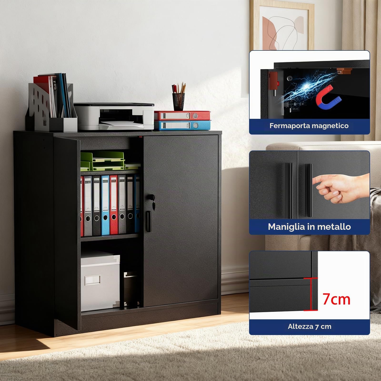 buybyroom Schedario da Ufficio, Armadio Ufficio Multiuso con Serratura Chiave, Ripiani Regolabile e Due Ante, Armadietto Salvaspazio Mobiletto per Cucina Soggiorno Officina Credenza Stampante, Nero