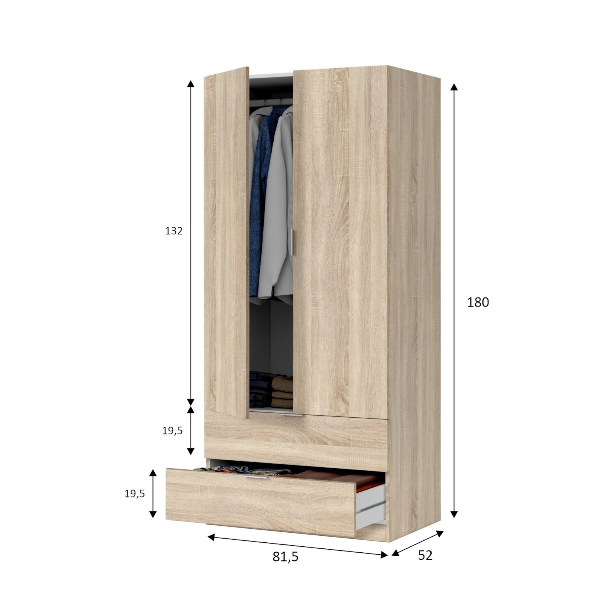 Dmora - Garde-robe 2 portes Burbank, armoire de chambre à 2 tiroirs, Armoire avec tringle à vêtements, 81x52h180 cm, Chêne