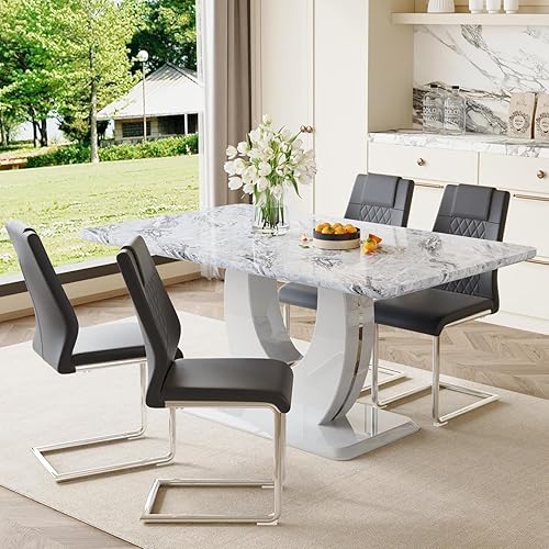 Miniatura 2 de JUFU Juego de 4 mesas de comedor modernas para 4, juego de mesa de comedor de mármol sintético gris para 4, 63 sillas rectangulares de mesa de