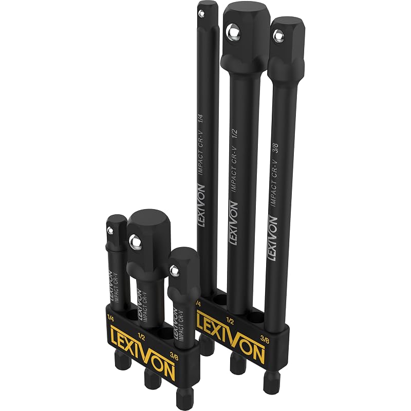 Kit de Adaptadores de Soquete para Impacto LEXIVON LX-105 com Extensões de 7,6 cm e 15,2 cm, Encaixes de 6,35 mm, 9,5 mm e 12,7 mm, 6 peças