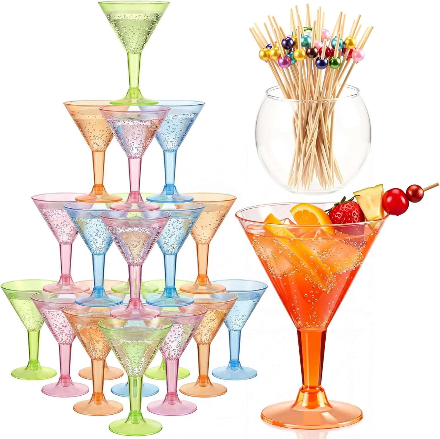 Yungyan 48 Pack 7oz Colored Plastic Martini Glasses with Cocktail Sticks Disposable Margarita Glasses with Stem Wine Dessert Appetizers Parfait Ice Cream Cups for Wedding Summer Pool Party Birthday