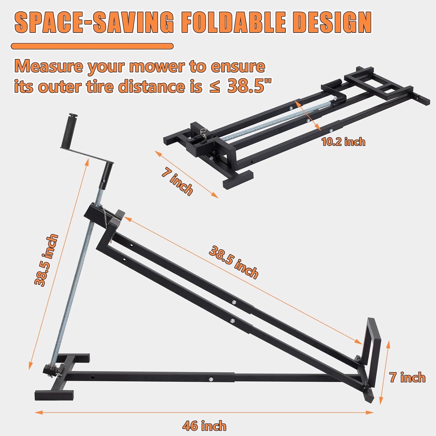 Lawn Mower Lift Jack, 880 Lbs Weight Capacity Heavy-Duty Telescopic Maintenance Lifter with Crank & Power Tool Handle, Foldable & Easy Assembly, Ideal for Lawn Mowers and Garden Tractors