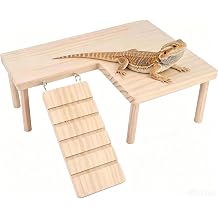 Wooden Basking Platform with Climbing Ramp Reptiles Hideout Bearded Dragon Hide Cave Reptile Tank Accessories Suit for Tortoise, Lizard, Toad, Gecko L-Shaped