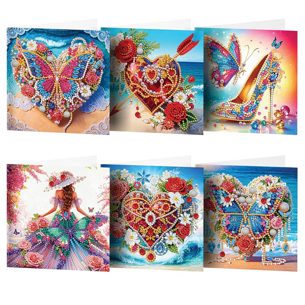 6 Pcs 5D DIY Diamond Painting Greeting Cards with Envelopes, Round Drill Crystal Craft Cards, Handmade Gift Rhinestone Painting Card for Birthday Christmas Family Friend-Flower-22