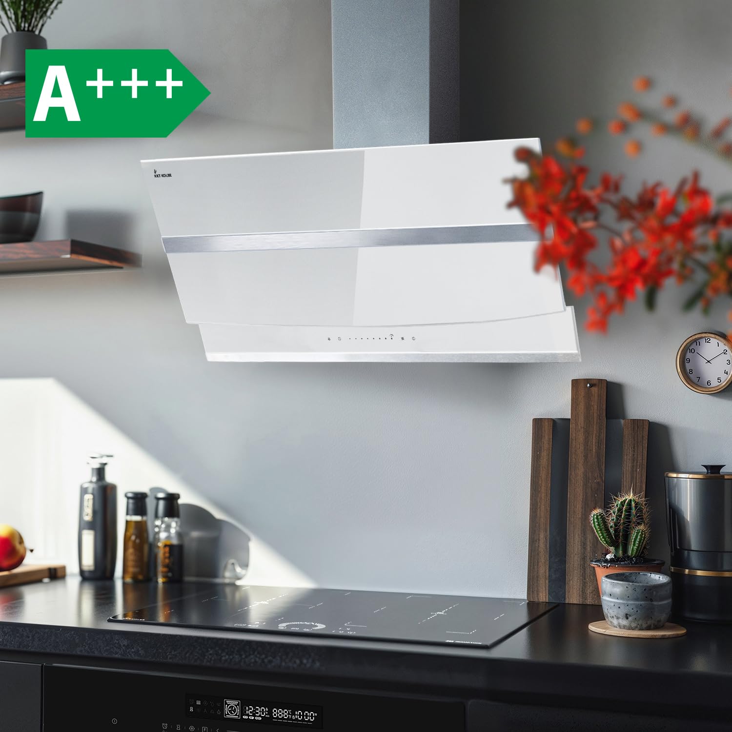 KKT KOLBE Hotte murale inclinée A+++ 80 cm | 782 m³/h recyclage ou évacuation | tête libre | inox et verre blanc | WiFi Smart App | LED RGBW | commande SensorTouch | HERMES8005WM