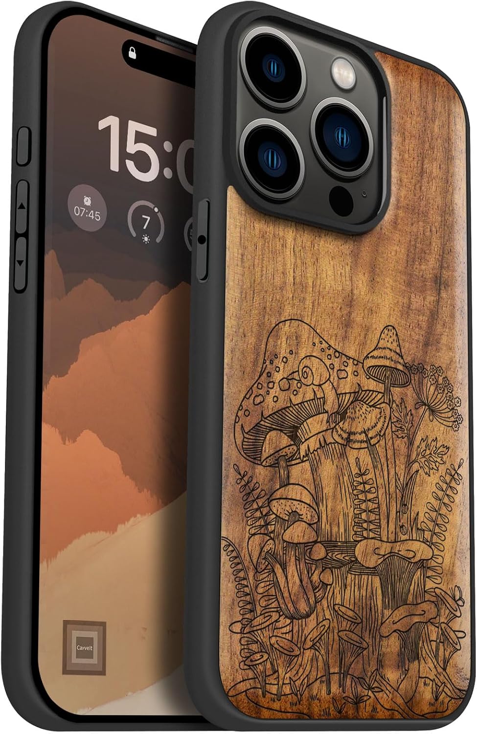 Carveit Magnetic Wooden Case for iPhone 15 Pro Case, Compatible with MagSafe Wireless Chargers, Black Soft TPU Shockproof Cover & Wood Artisan Engraved (Vintage Mushrooms) - Walnut
