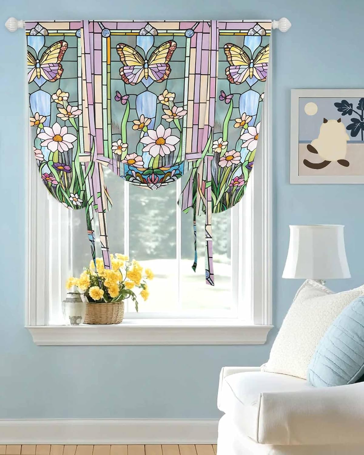 Tie Up Curtain for Windows Butterfly Balloon Window Shades for Bedroom Bathroom Adjustable Rod Pocket Colorful Leaves Floral Window Treatments Curtains Valance for Kitchen 52" W x 63" L