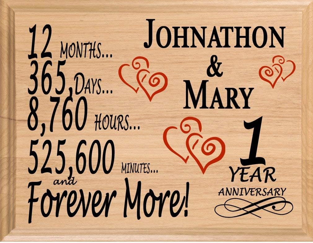 First Anniversary Sign Gift Personalized 1st Year Wedding Anniversary Present for Wife Husband Couple - Solid Wood - Made in the USA (1 Year)