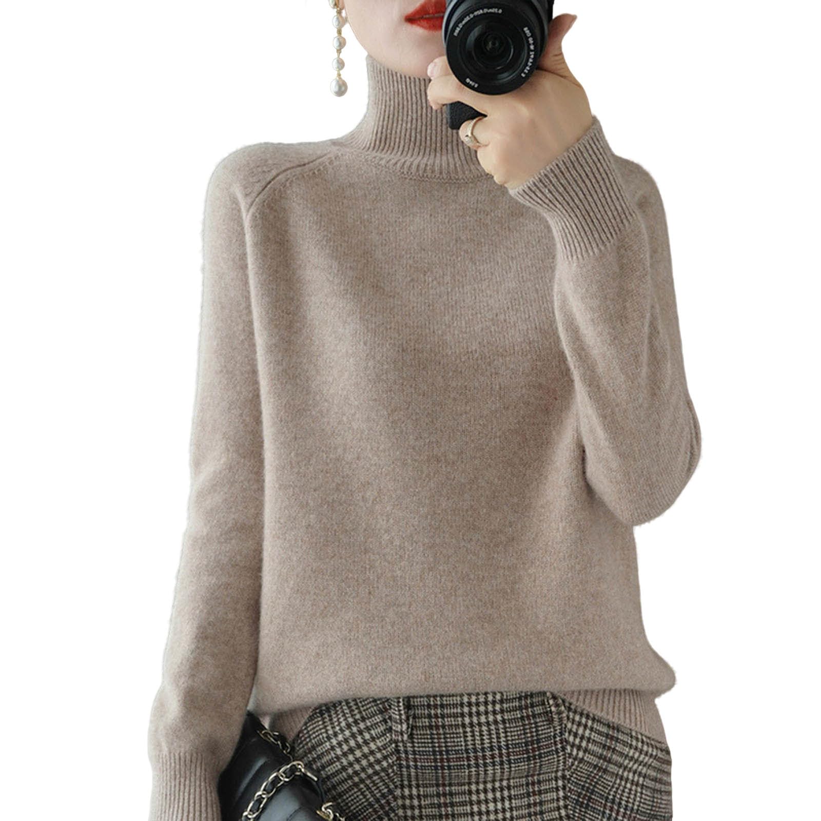 Womens Solid Turtleneck Cashmere Knit Sweater Wool Fall Winter Casual Long Sleeve Sweaters Crew Neck Pullover Tops