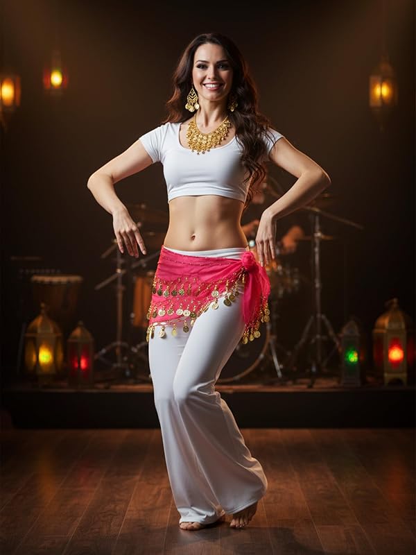 Hicarer Belly Dance Hip Scarf for Women Gypsy Costume Set Hip Skirt Gold Necklace and Earrings Dance Outfit Accessories(Rose Red) by Hicarer - Image 7