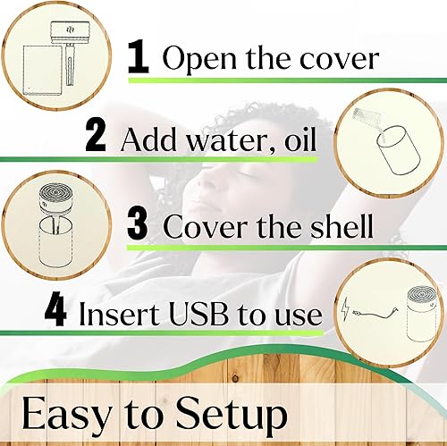 Miniatura 3 de Emara Mini difusor para aceites esenciales, luces LED de grano de madera USB de 8.8 fl oz, incluye aceite de 0.5 fl oz, difusor portátil para