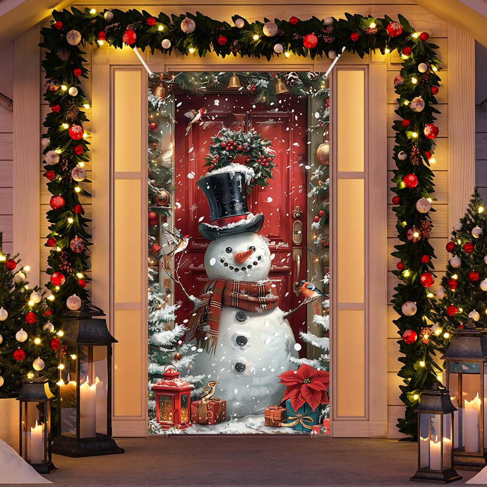MEHOFOND 2.95x6ft Christmas Xmas Door Decorations Banner Winter Snowman Decorations Front Door Banner Merry Christmas Family Party Photo Background Cover Outside Indoor Porch Props
