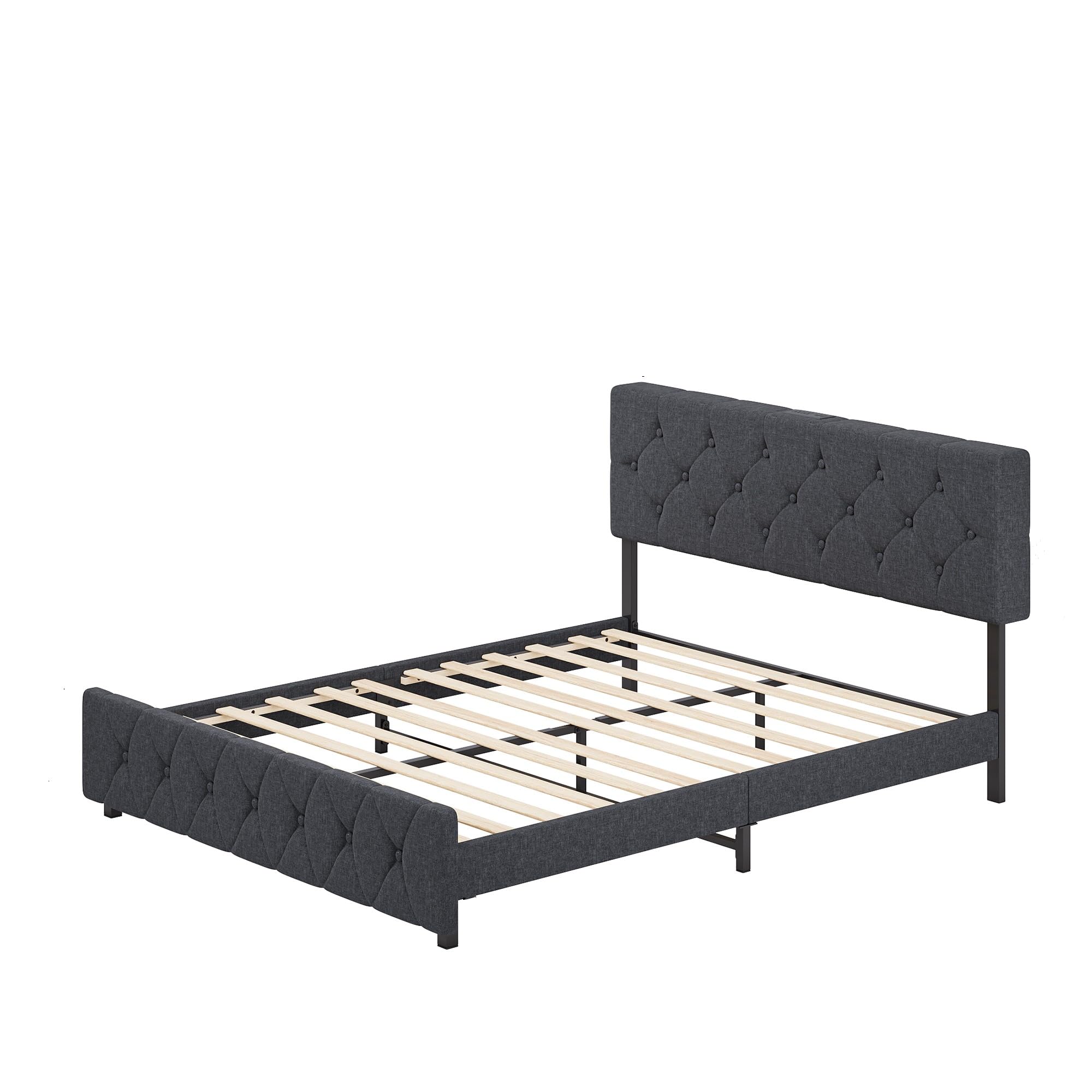 Gyabnw Full Size Bed Frame with Type-C & USB Ports, Upholstered Platform with Adjustable Headboard, Strong Frame, Wooden Slats - Upholstered Bed Frame with Linen Fabric Wrap, Dark Gray