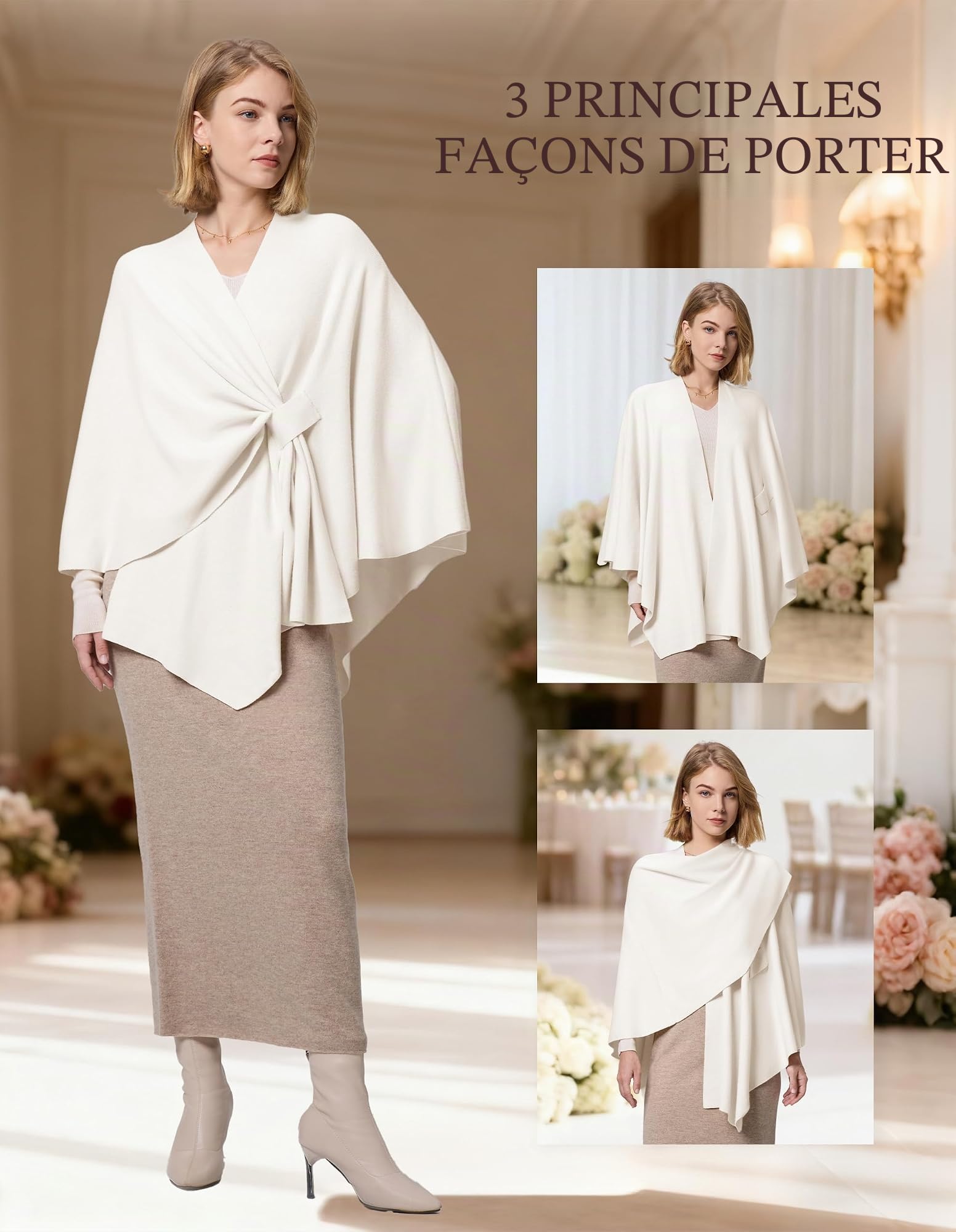 FUGREEN Châle pour femme - Grand poncho chaud avec croix sur le devant - Élégant - Pour mariage, voyage, automne, hiver, printemps