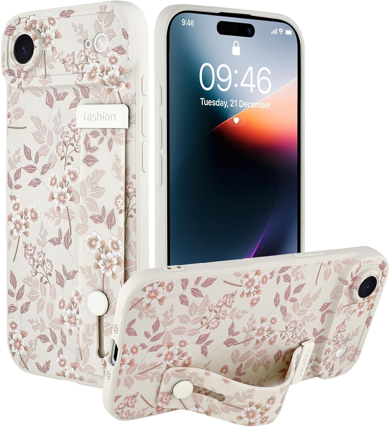 Compatible with iPhone Air Case for Women Men, Cute Flower Floral Pattern, Built in Adjustable Metal Wrist Strap Grip Hand Holder Kickstand Soft Silicone Cover 6.5 Inch, White