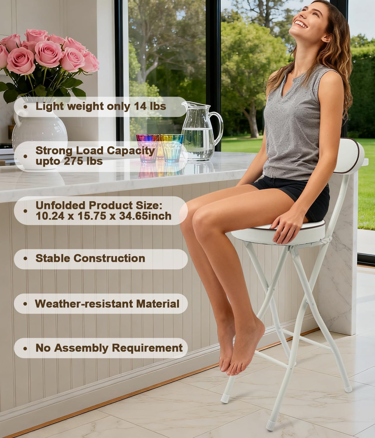 Set of 2-Folding Bar Stool Chair with Back, White Tall Foldable Chair Leather Padded Counter Height Collapsible Stool for Adults Kitchen Island Guitar Shop Cafe