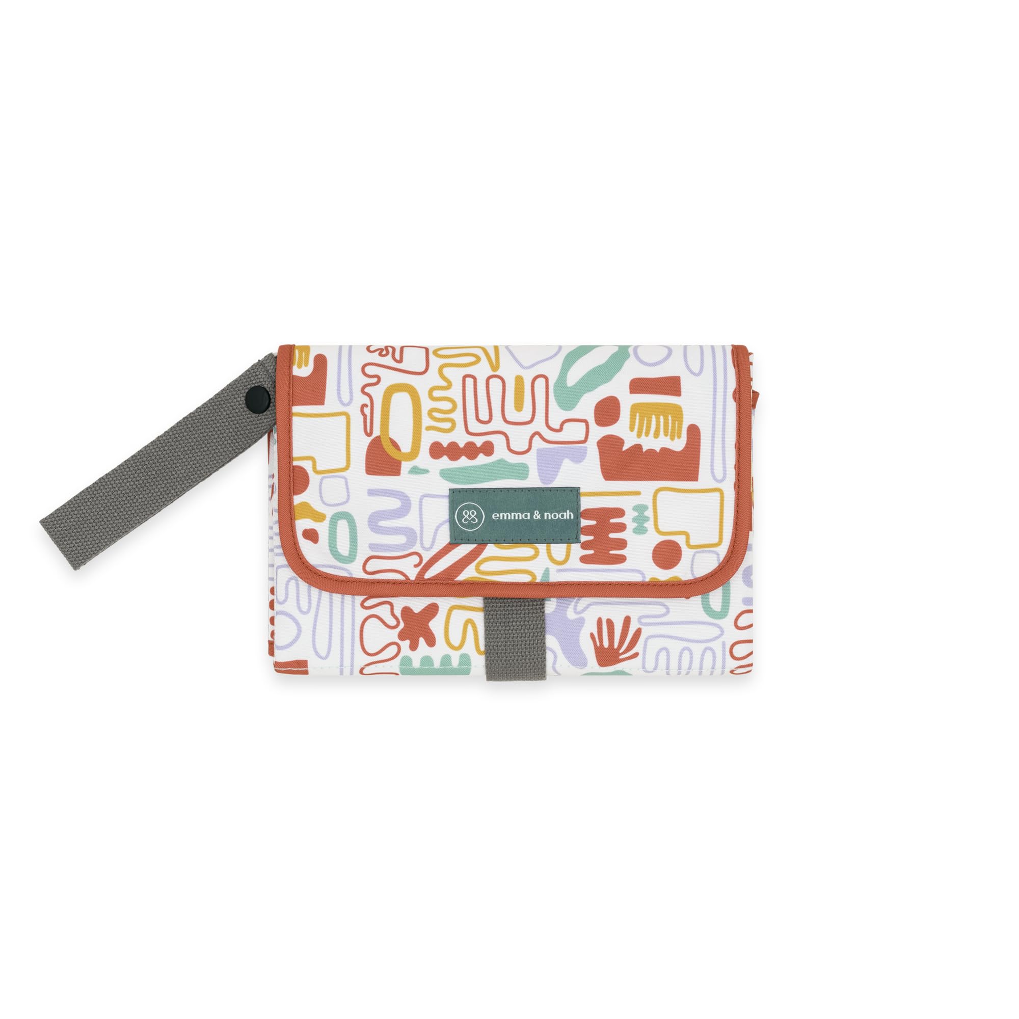 emma & noah Wickelunterlage für Unterwegs, 82x52 cm (gefaltet 25x18 cm), Abwaschbar, Wickeltasche mit Windeltasche für den Kinderwagen, Organizer für Windeln und Feuchttücher (Bunte Formen)