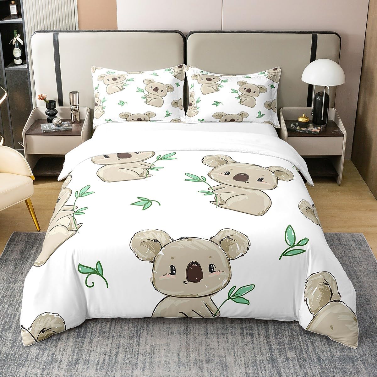 Koala 100% Cotton Duvet Cover Double Size Cute Koala Bedding 100% Cotton Set for Kids Boys Girls Teens Room Decor Cartoon Koala Comforter Cover Set Animal Bedspread Cover 3Pcs Zipper