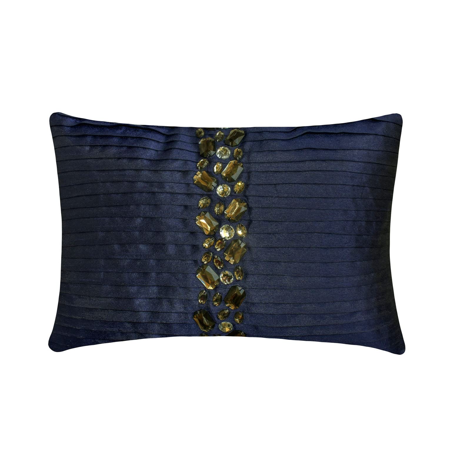 The HomeCentric Designer Navy Blue Pack of 2, 30x55 cm (12"x22") Lumbar Cushion Covers, Silk Pintucks & Crystal Lumbar Cushion Covers, Striped Pattern Modern Style - Crystal Dreams Navy