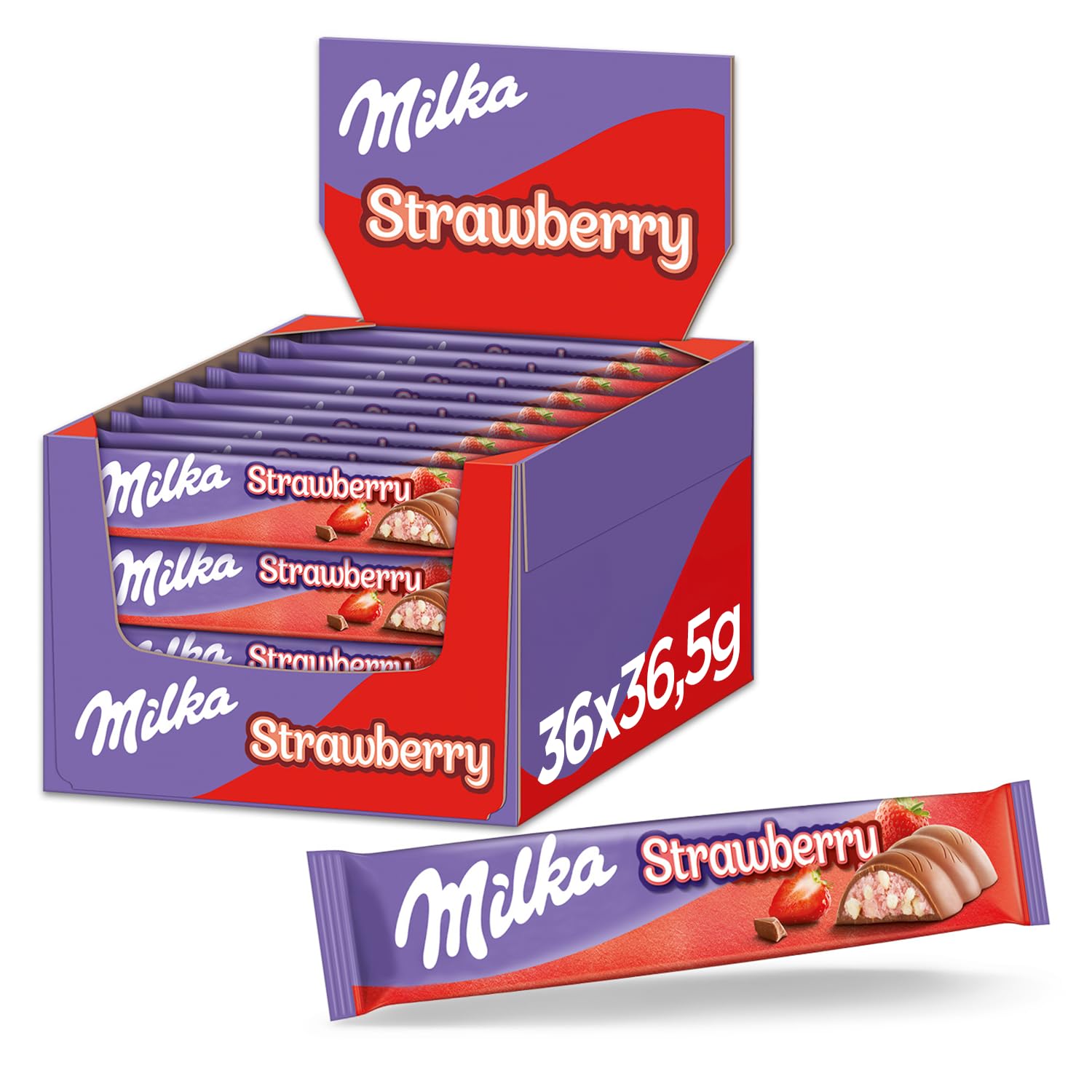 Milka Choco Erdbeer Riegel – Alpenmilch-Schokolade mit feiner Milchcrème, Erdbeeren und Crispies – 36 x 36,5g