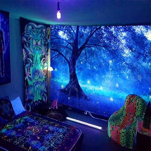 Miniatura 4 de QGKPL Tapiz de bosque azul con luz negra, tapiz de luciérnaga reactivo a los rayos UV para dormitorio, tapices que brillan en la oscuridad para