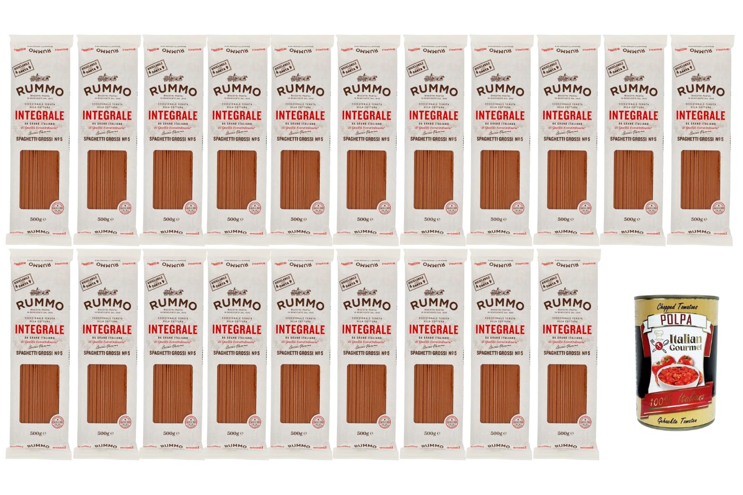 Italian Gourmet Vollkorn Spaghetti Grossi Nr.5 20x500g – Italienische Hartweizen Vollkornpasta bronzegezogen, extra kochfest, ideal für Sauce & Familienvorrat + Italian Gourmet Polpa