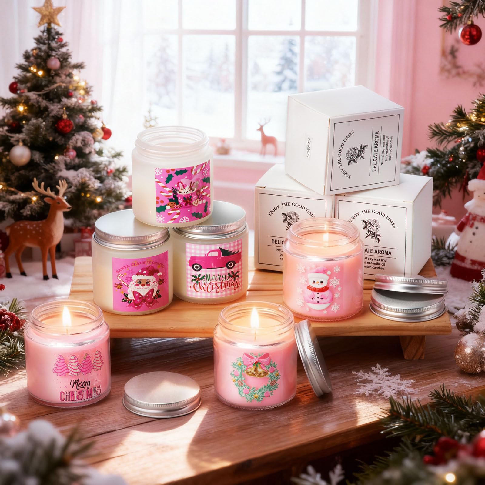Sumind Confezione da 24 candele profumate di Natale rosa per la casa, regali di Natale per donne, 99,2 g, candele in barattolo di cera di soia naturale, includono 6 diversi profumi per Natale