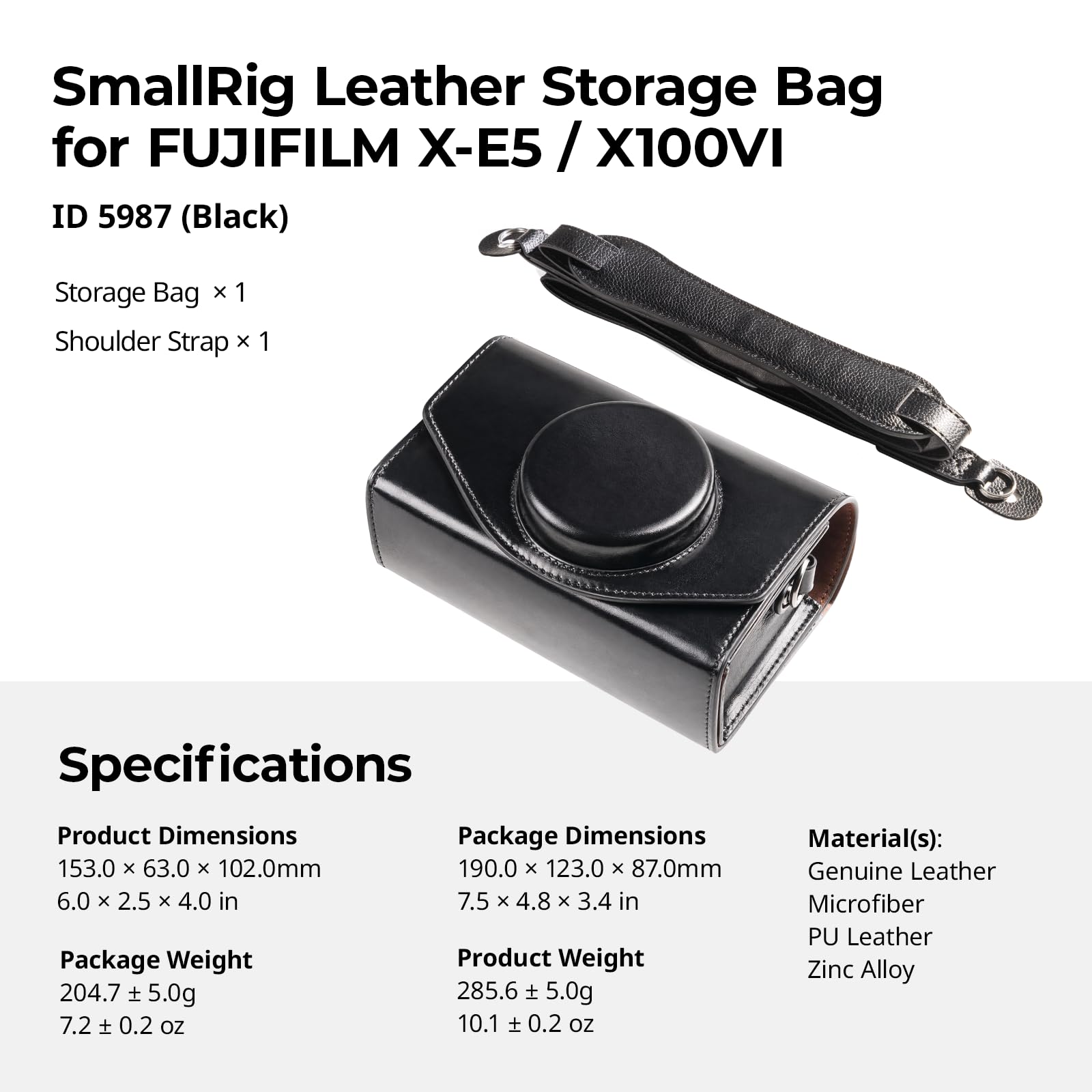 SMALLRIG Custodia in Pelle per FUJIFILM X-E5 / X100VI, Borsa per il Trasporto con Chiusura Magnetica, Custodia Protettiva, Borsa Compatta, Borsa a Tracolla, Nera - 5987