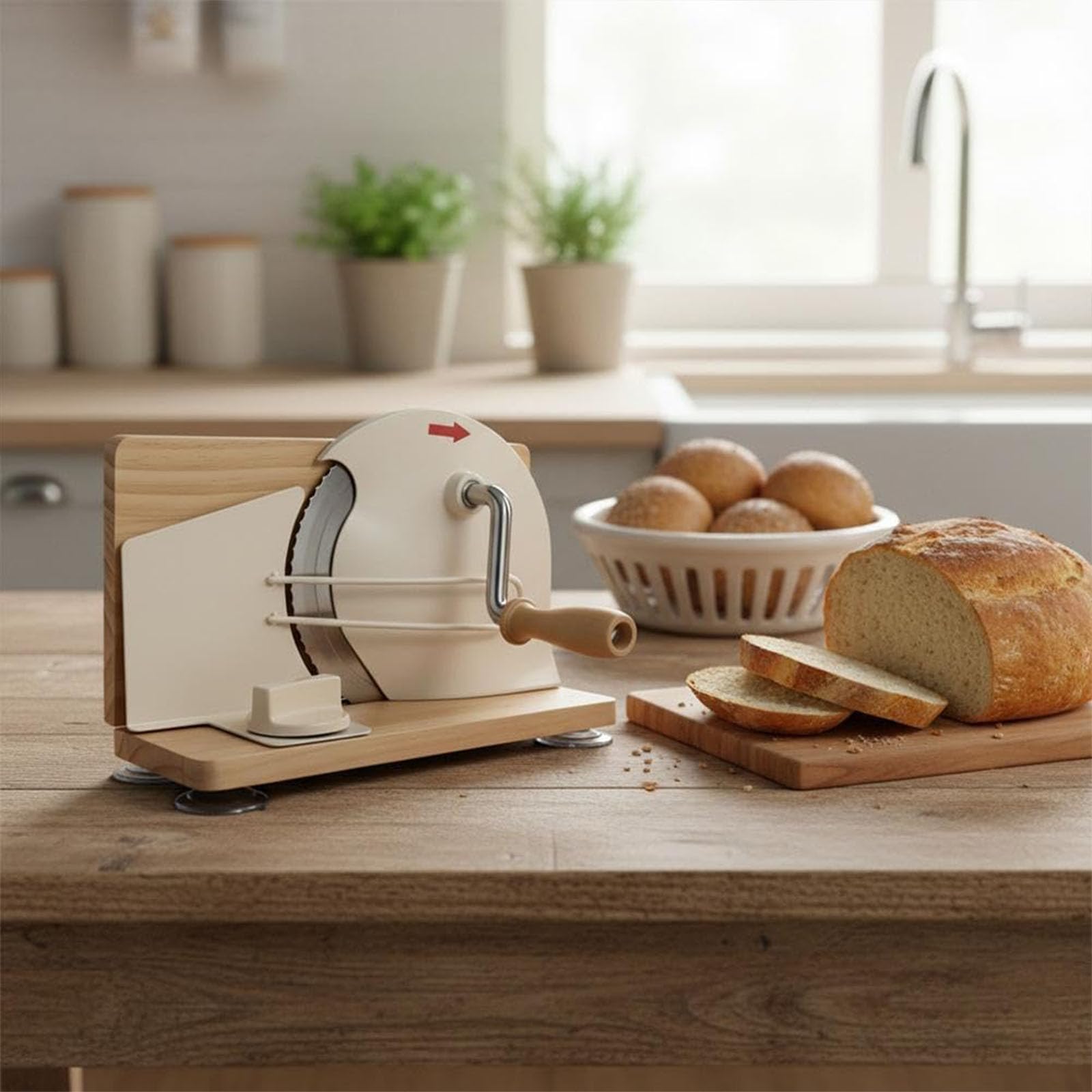 Cortador de pan manual con grosor ajustable, manivela de acero inoxidable, base de madera maciza, ventosas antideslizantes para masa madre, tostadas y pastelería