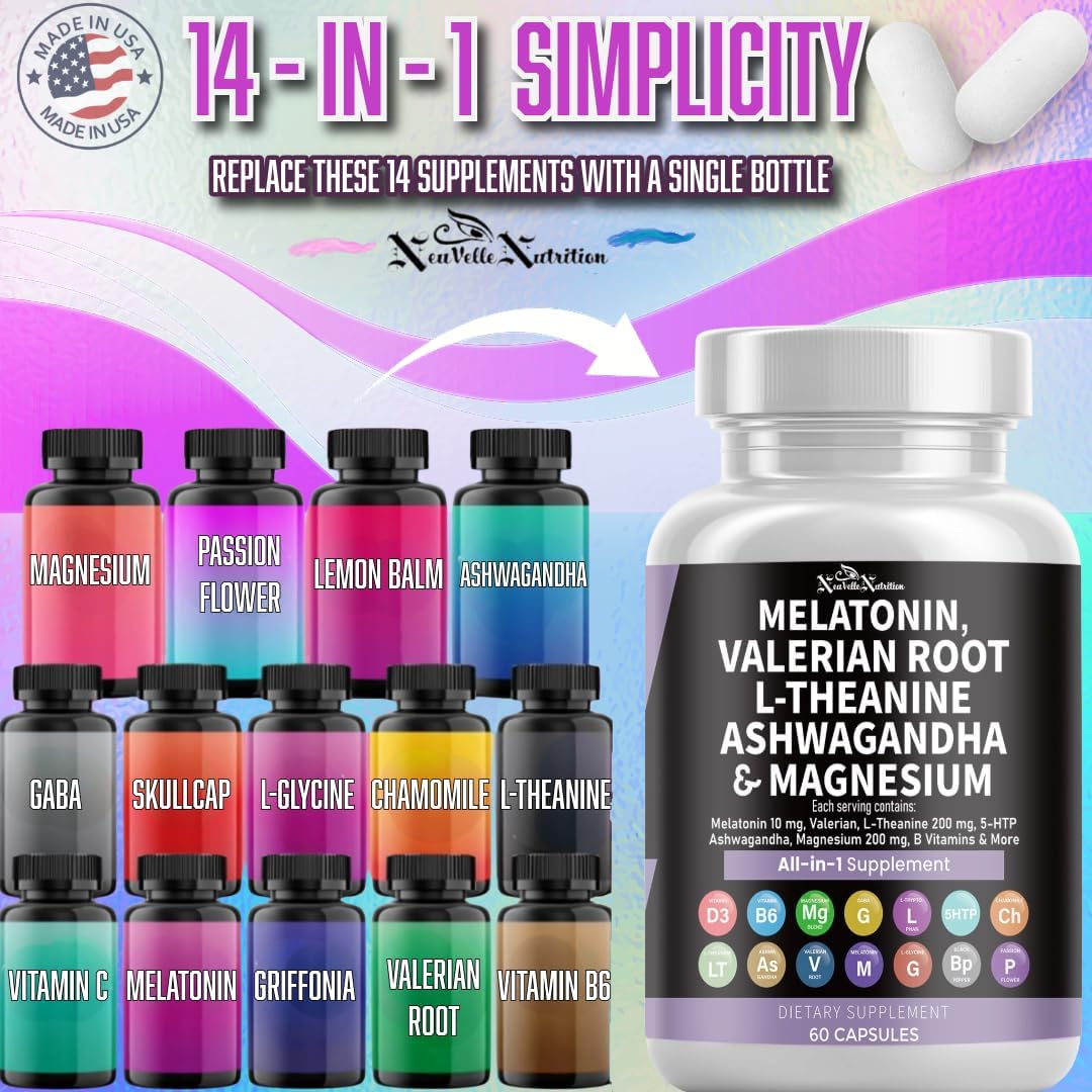 Melatonin Capsules with Valerian Root, Ashwagandha, L-Theanine, Magnesium, 5-HTP, GABA, Chamomile, Lemon Balm, Passion Flower, Griffonia Extract, Vitamin C & L-Glycine Supplement - Image 3