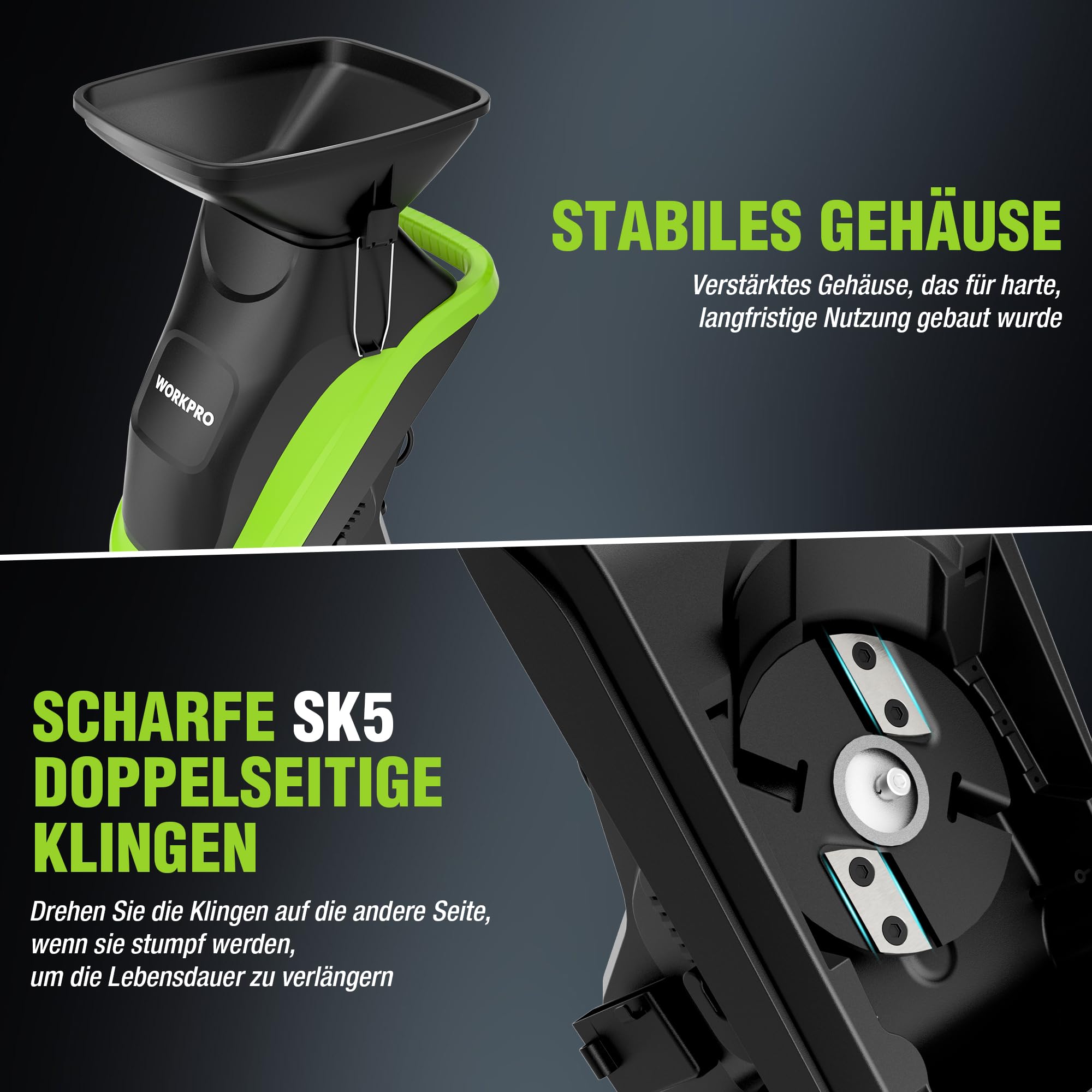 WORKPRO Elektrischer Gartenhäcksler 2500W, Messerhäcksler für Äste bis 44 mm, 4300 U/min, 2 x 45 L Sammelbeutel