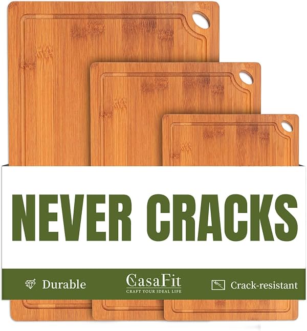 Set de 3 tablas de cortar de bambú orgánico para cocina - Tablas de picar carbonizadas extra resistentes con canales para jugos - Multi-tamaño aptas para cuchillos (15", 12", 9") para carne y verduras - Caja de regalo para bienvenida