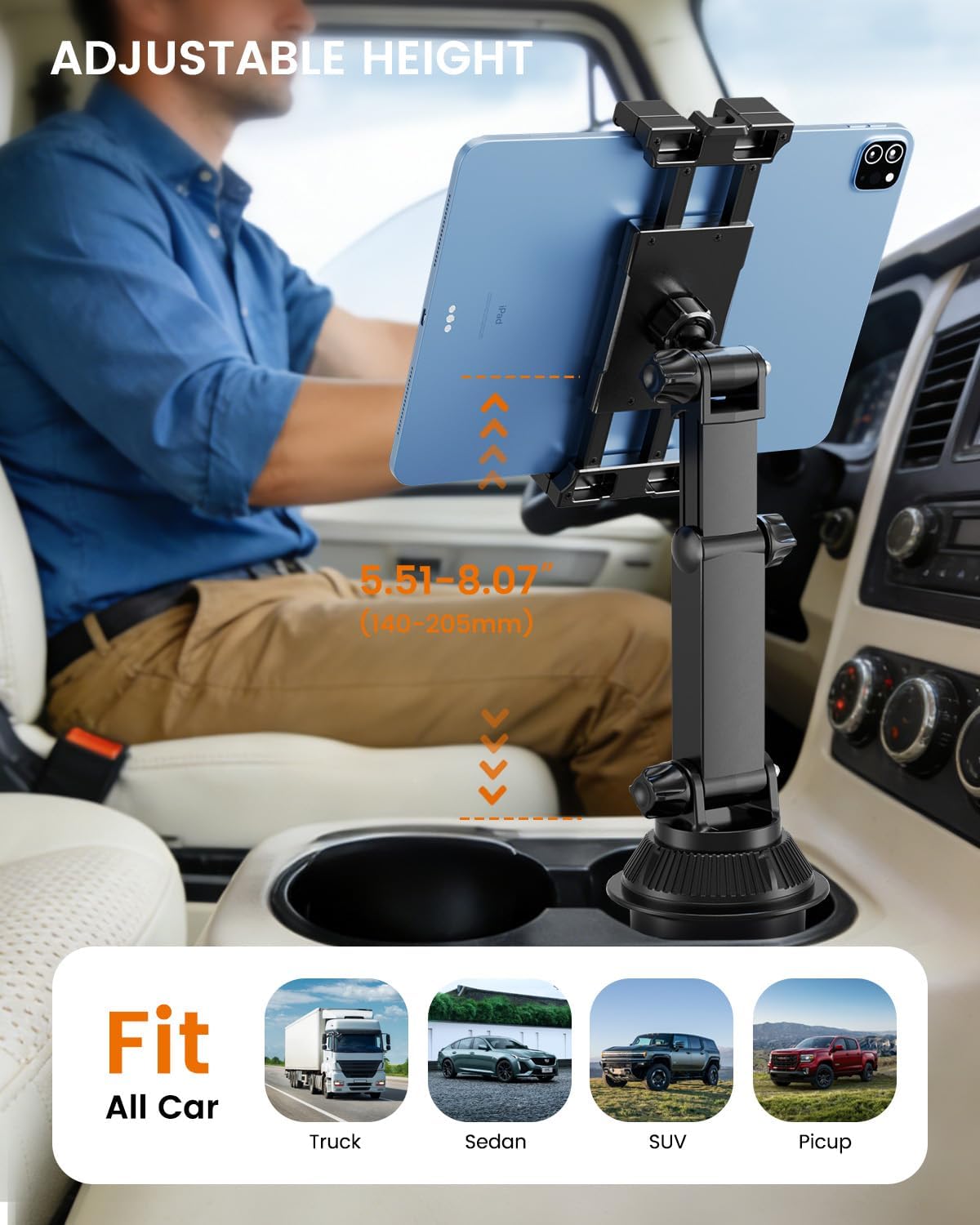 OHLPRO Car Cup Holder Tablet Mount for Truck & SUV, Heavy Duty iPad Holder for Car with Thick Case Friendly Deep Claws, 2.6-3.9" Expandable Base & Adjustable Extension Arm, Fits 5-17" Devices, Black