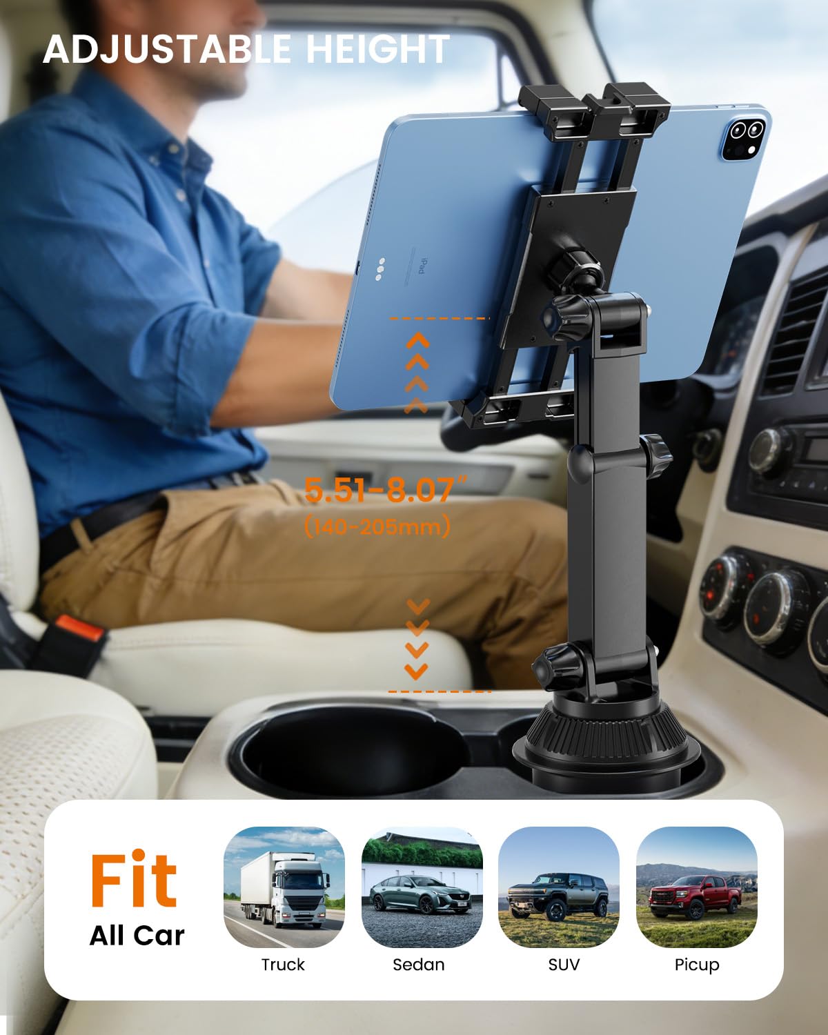 OHLPRO Support de tablette pour voiture, compatible avec iPad de 5 à 17 ", tablettes Samsung, porte-gobelet de voiture avec bras pivotant réglable et flexible, accessoire de voiture pour road trips