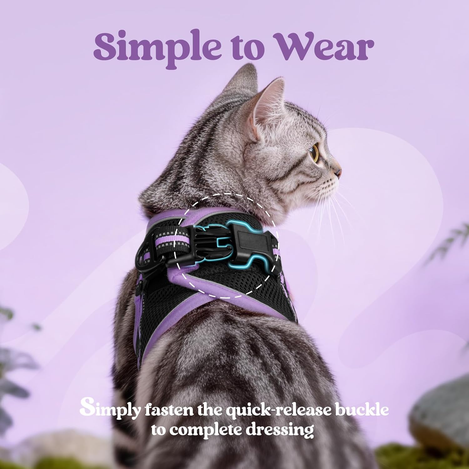 rabbitgoo Cat Harness and Leash Set for Walking Escape Proof, Adjustable Soft Kittens Vest with Reflective Strip for Cats, Comfortable Outdoor Vest, Black & Light Purple, S