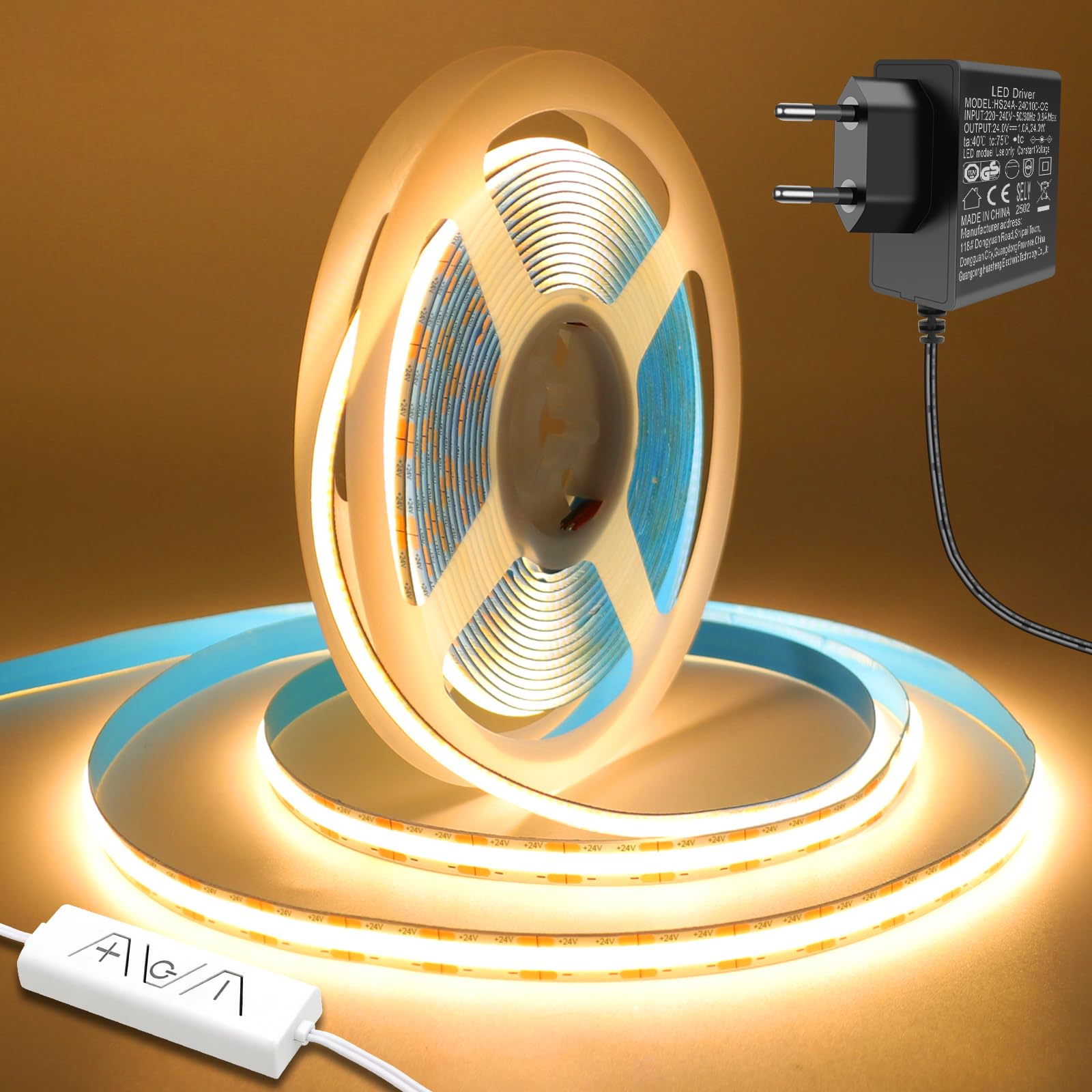 Bigzom COB LED Streifen 2M Dimmbar, 3000K 640 LED Band Warmweiss, 24V hohe Helligkeit, CRI90+, 8mm Breite, mit Netzteil und Controller, Led Strip für Home, Commercial Dekoration