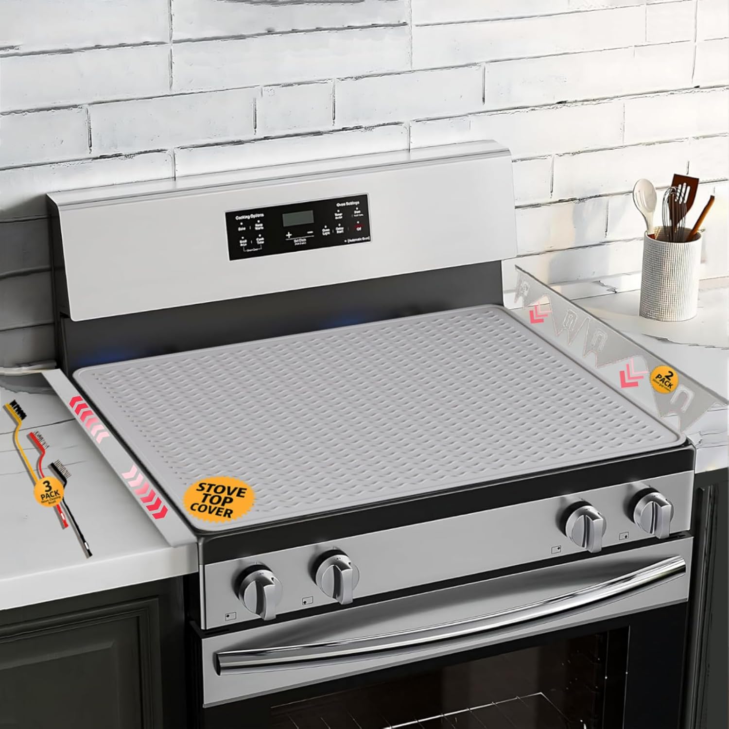 Stove Gap Covers Stainless Steel 2PC(0.08"–0.7"W,13.8"–27.5"L)+28"×20" Glass Cooktop Protector Mat|Heat Resistant Counter Gap Filler&Anti-Scratch Stovetop Cover|Range Accessories|3 Cleaning Brushes