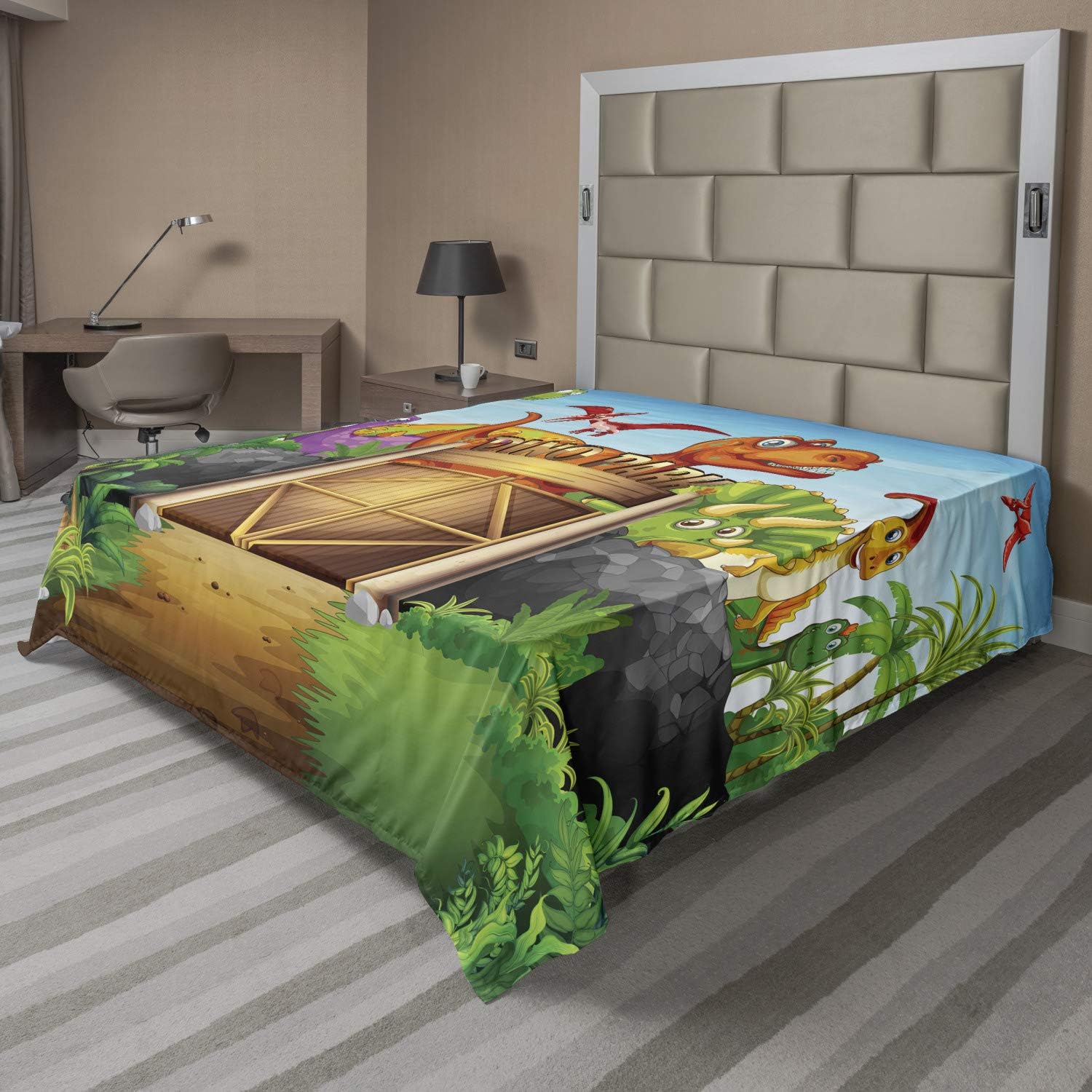 Ambesonne Zoo Flat Sheet, Dinosaurs Living in Park Cartoon Prehistoric Wildlife Forest Trees Door Illustration, Soft and Comfortable Top Sheet Decorative Bedding 1 Piece, Full Size, Multicolor