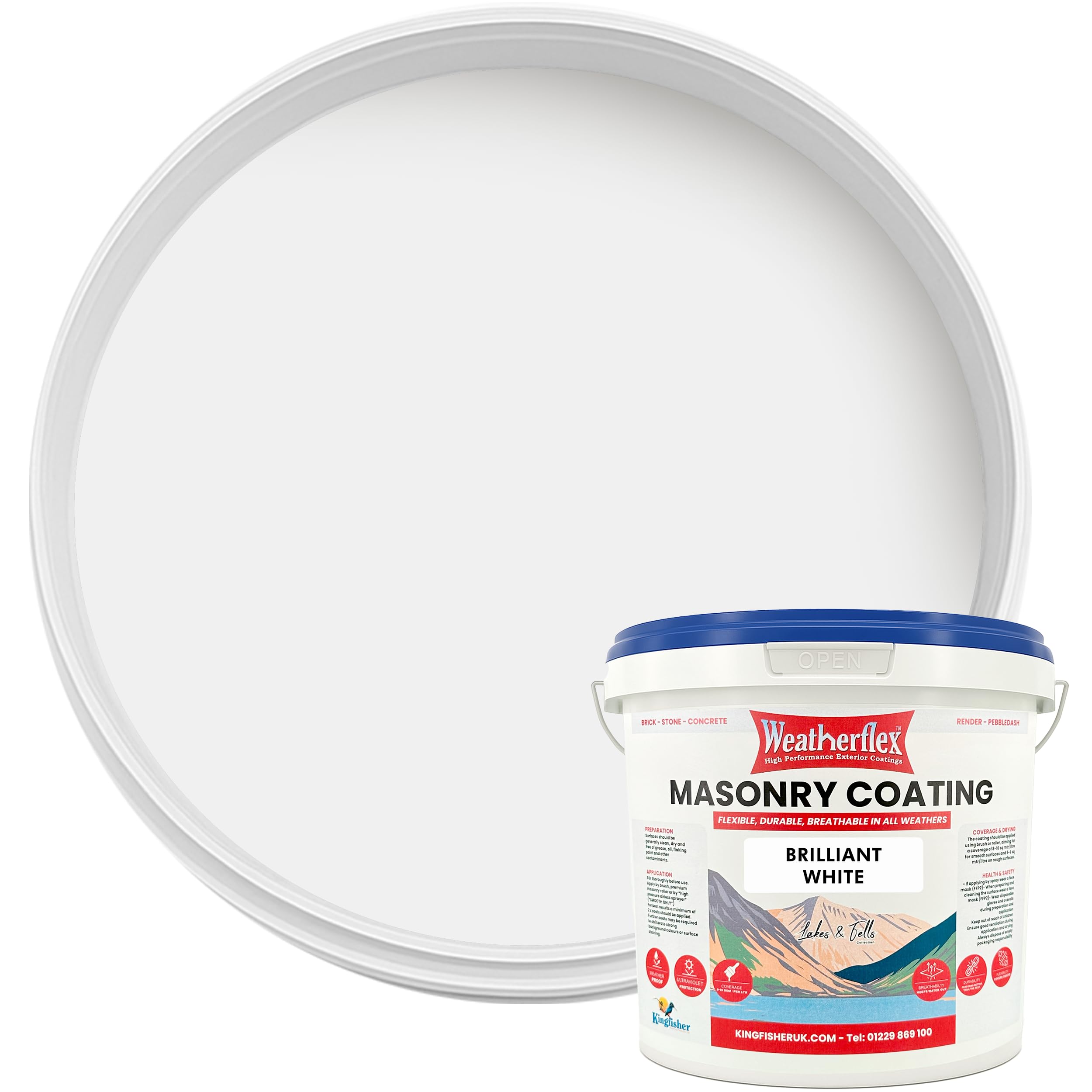 Kingfisher Weatherflex Masonry Paint 5L | Waterproof & Non-Toxic Outdoor Paint for Brick, Stone, Concrete and More | Ultra-Flexible, Crack Resistant & Breathable for Extreme Weather | Brilliant White